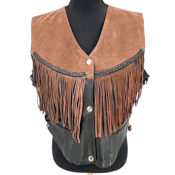Leather King Women’s Black Leather Brown Fringe Side Lace Up Conchos Vest XL - Picture 2 of 9